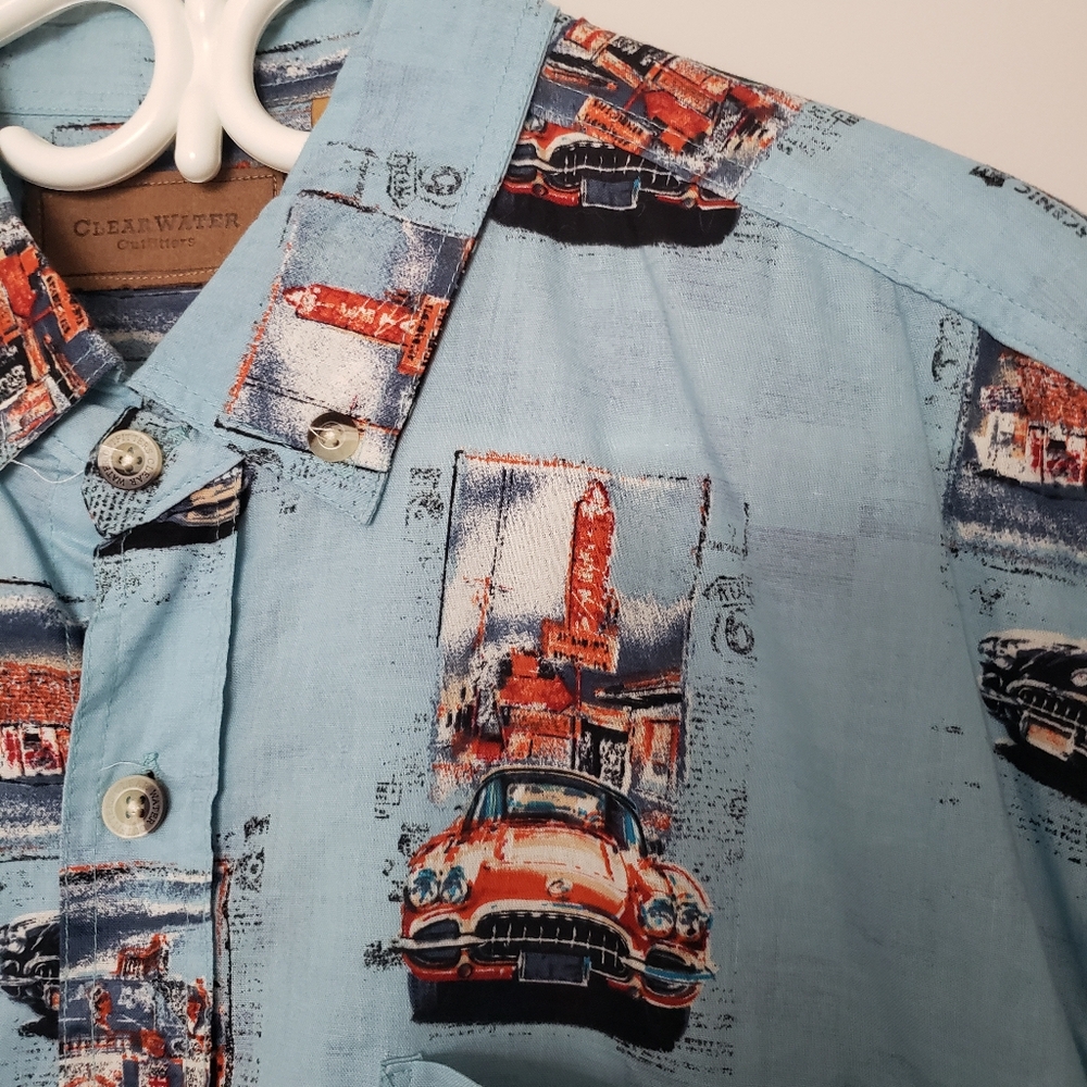 Clearwater Outfitters Shirt Button Up Classic Cars Hawaiian Print Blue Size XL